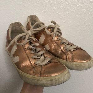 Rose Gold Veja Low-top Leather Sneakers